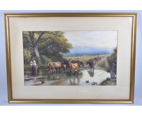 A Gilt Framed Lithograph, Published by G Rowney and Co., Cattle Crossing Stream, 61x36cm 