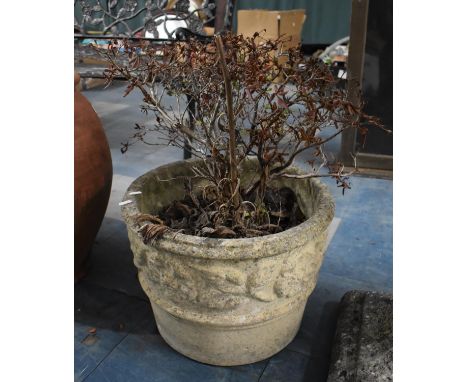 A Reconstituted Stone Circular Planter with Floral Relief Decorated Band to Body, 30cms High and 41cms Diameter 