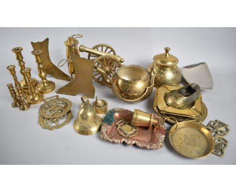 A Collection of Brass Ornaments to include Miniature Miners Lamp, Canon Ornaments, Ashtrays Etc 