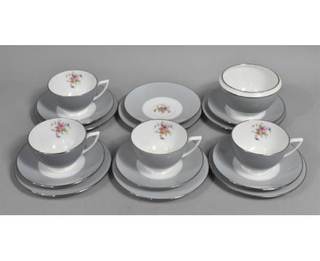 A Minton China Tea Set Decorated with Grey Trim and Floral Garland to Comprise Four Cups, Six Saucers, Six Side Plates and a 