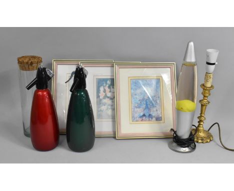 Collection of Various Items to Comprise Modern Lava Lamp, Gilt Lamp Base, Soda Syphons, Pictures etc 
