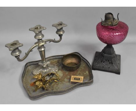 A Collection of Metalwares to Comprise Galleried Tray, Three Branch Candelabra etc Together with a Late 19th/20th Century Iro