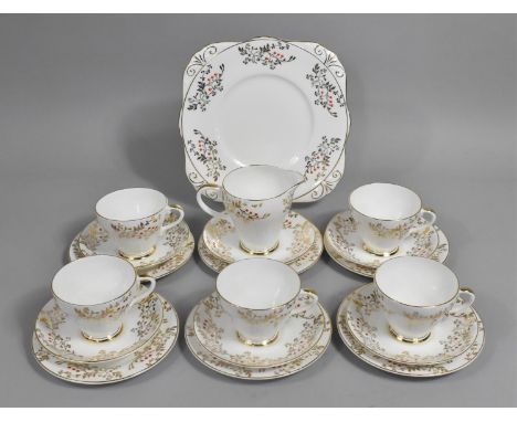 A Royal Grafton Tea Set to Comprise Five Cups, Six Saucers, Six Side Plates, Milk Jug and a Cake Plate Decorated with Gilt Fo