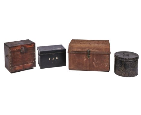 A black japanned deed box, similar hat or helmet box, cabin trunk and stained wood box, late 19th and early 20th c&nbsp; (4) 