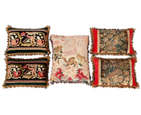 A cushion, incorporating a fragment of 18th c tapestry, of a dragon and fruiting tree, approximately 46 x 66cm, a pair of&nbs