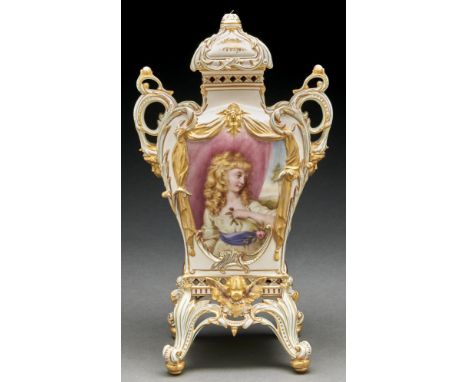 A Coalport pot pourri vase and cover, c1890-1910, painted with a portrait of a young woman holding a rose framed by moulded g