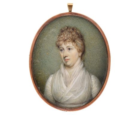 English&nbsp;School, early 19th c - Portrait Miniature of a Lady,&nbsp;in a white dress, 74 x 60mm, gold frame with locks of 