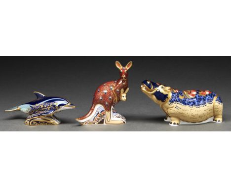 Hippopotamus. A Royal Crown Derby paperweight, early 21st c, 10cm h, printed mark, gilt stopper and two others - bottle nose 