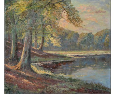 Finn Wennerwald (1896-1969) ? A Woodland Pond in Summer, signed and dated '63, oil on canvas, 47 x 53cm and Samuel John Lamor