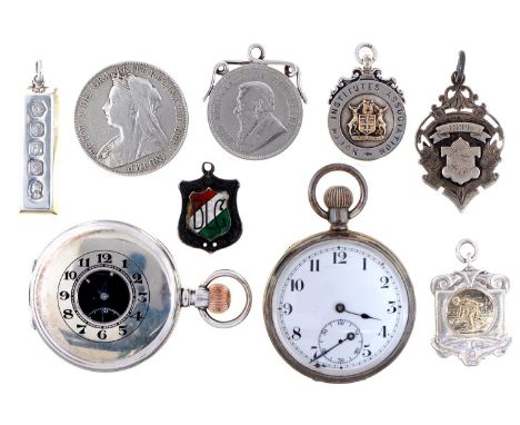 Two silver open face or half hunting cased keyless lever watches, the latter with black dial, 50mm, Birmingham 1919 or import