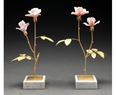 A pair of Royal Worcester and&nbsp;Ronald van Ruyckevelt Malvern Studio gilt bronze and bone china model of the Honfleur Rose