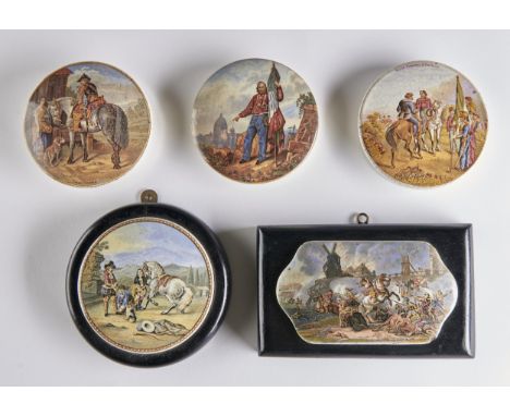 Five F &amp; R Pratt colour printed pot lids, c1860, including oblong lid, various subjects, medium size, two framed  Oblong 