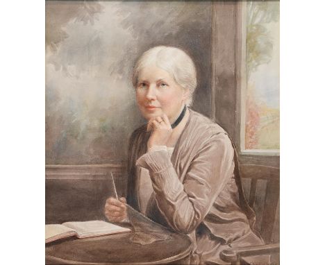 Keturah Anne Collings (1862-1948) - Portrait of a Lady, seated half length at a table by a window, signed, watercolour, 38.5 