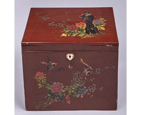 A Chinese brown lacquer tea chest, early 20th c, decorated in polychrome with birds and flowers, the interior retaining the o