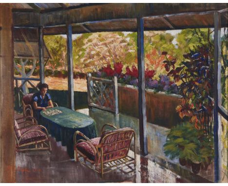 British School, 1944 - Playing Patience&nbsp; on a Veranda, India, signed A R Legh (?) and dated,&nbsp; oil on canvas, 50 x 6
