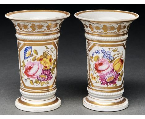 A pair of Derby spill vases, c1820,&nbsp; painted with flowers including a prominent rose, in octagonal gilt frame between be