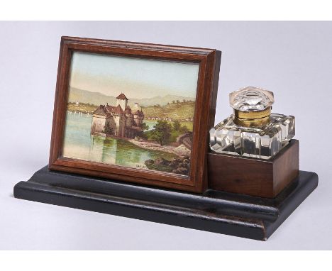 A walnut and ebonised inkstand, c1900, with brass mounted cut glass inkwell, 30cm l  Minor knocks and scratches