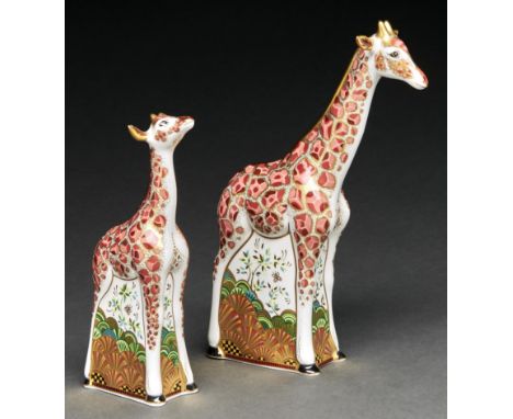 Giraffe and Giraffe baby. Two Royal Crown Derby paperweights, early 21st c, 19 and 25cm h, printed mark, gilt stopper  Both i