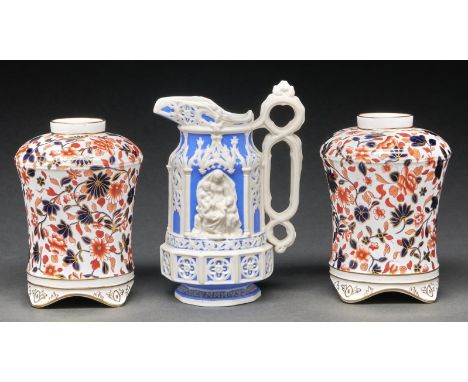 A pair of Coalport caddy form vases or lamp bases, 1880-1890, decorated with a floral japan pattern, 13.5cm h, printed mark a