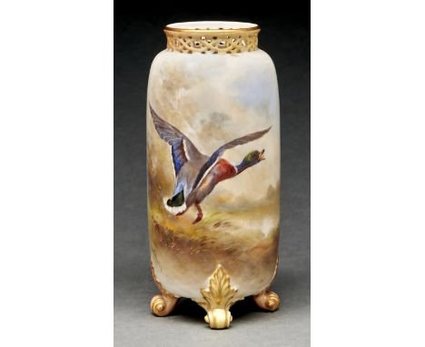 A Royal Worcester spill vase, 1905, with reticulated neck, painted by Jas Stinton, signed, with a flighting mallard, on four 