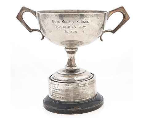 A George VI silver trophy cup, 17cm h, by W Hutton &amp; Sons Ltd, Sheffield 197, 17ozs 18dwts and a silver mounted ebonised 