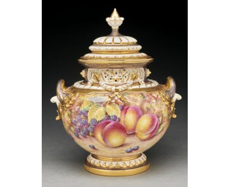 A Royal Worcester fruit painted pot pourri vase and cover, c1970, continuously painted by Freeman, signed, 30cm h, black prin