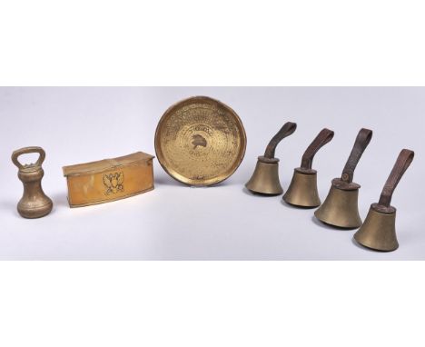 A sheet brass ammunition&nbsp;box,&nbsp; embossed double headed eagle, twin lids, 24cm l, four hand bells, each with leather 