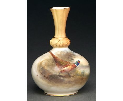 A Royal Worcester vase, 1903, painted by Jas Stinton, signed, with a pheasant beneath flared apricot and gilt neck, 12.5cm h,