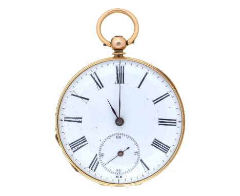 A gold cylinder watch, late 19th c, with enamel dial in engine turned case, 42mm, unmarked  In apparently working order, dial