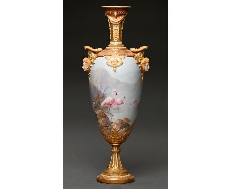 A Royal Worcester vase, 1912, painted by W Powell, signed, with flamingos in a continuous landscape on a matt sky blue ground