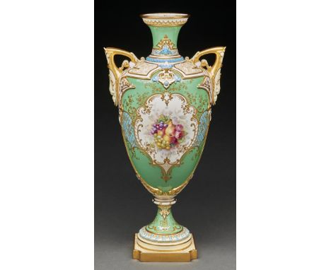 A Royal Worcester vase of the largest size, 1898, painted by Hawkins, signed, with fruit, in raised gilt frame of C-scrolls a