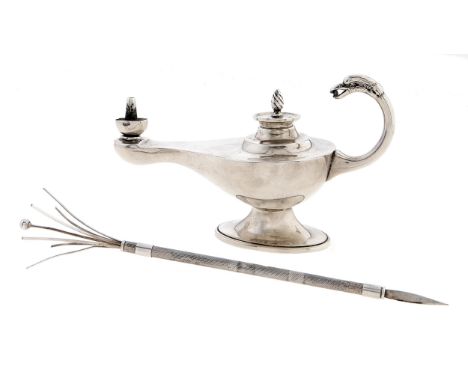 A George V silver cigar lamp, with eagle handle, 70mm h, 12cm l,&nbsp; by Synyer and Beddoes, Birmingham 1919 and a silver sw