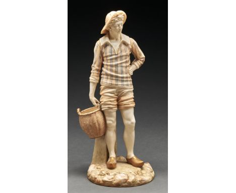 A Royal Worcester figure of a French fisherboy, 1891, designed by James Hadley, decorated in ivory, enamels and gilt, 45.5cm 