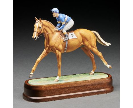A Royal Worcester equestrian model of "Grundy" and Pat Eddery designed by Doris Lindner, introduced 1976, 25.5cm h, black pri