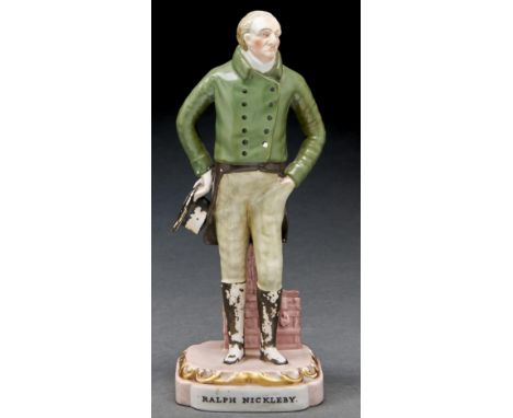 Charles Dickens interest. A Ridgway &amp; Robey figure of Ralph Nickleby, 1839,&nbsp;&nbsp;on gilt base, 21.5cm h, impressed 