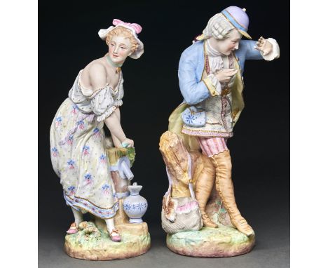 A pair of Vion and Baury polychrome biscuit porcelain figures of a gallant as a sportsman and a lady as a peasant girl, c1870