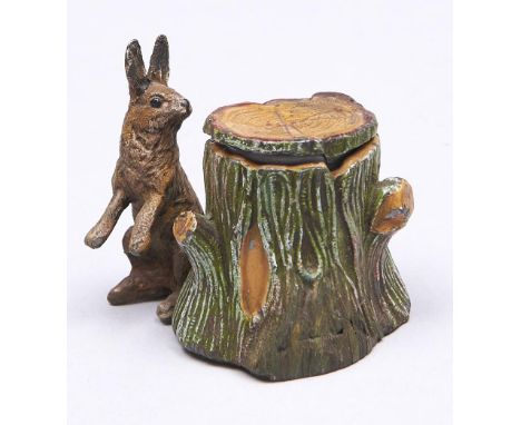 A cold painted spelter&nbsp;hare and tree-trunk novelty inkwell, early 20th c, 56mm h  Lid re-attached, slight wear