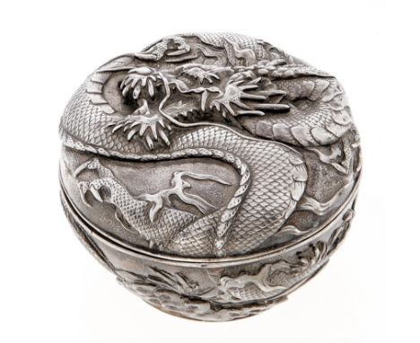 A Japanese silver repousse bowl and double walled cover by Kuhn and Komor, Yokohama, Meiji period, late 19th c, worked with d