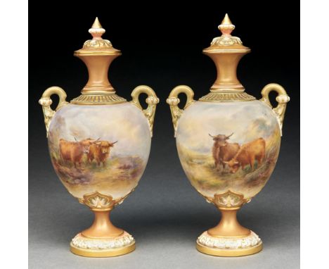 A pair of Royal Worcester vases and covers, 1911, painted by H Stinton, both signed, with Highland cattle, the gilt neck and 