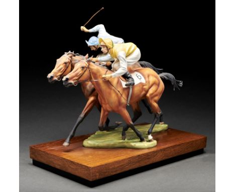 A Royal Worcester equestrian model of 'By a Short Head' designed by Bernard Winskill, introduced 1975, 52cm l, black printed 