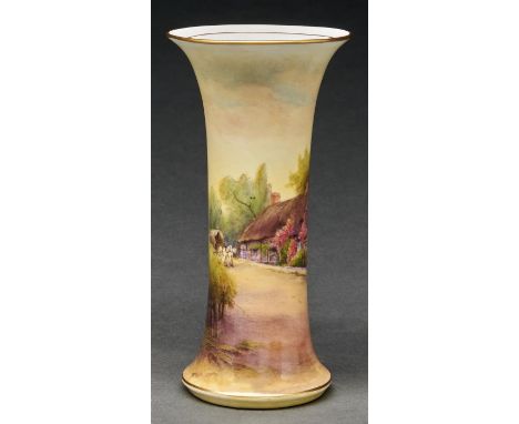 A Royal Worcester spill vase, 1928, printed and painted with a thatched cottage, signed R Rushton, 15.5cm h, blue printed mar