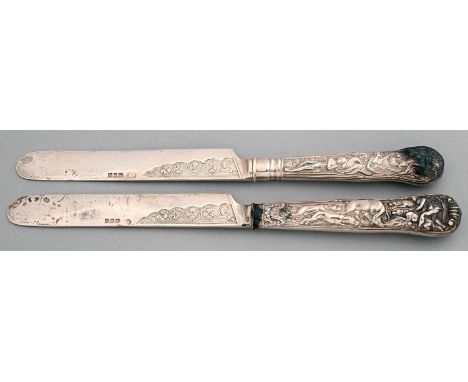 A George V silver table knife, Stag Hunt pattern and a George V desert knife, Bacchanalian pattern,&nbsp; &nbsp; by Manoah Rh