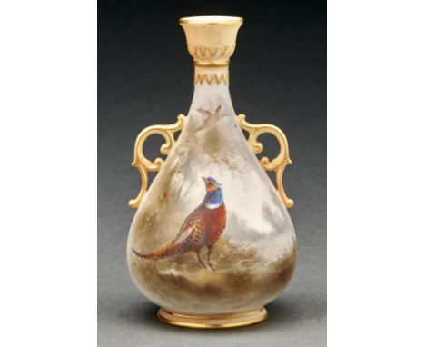 A Royal Worcester vase, 1904, painted by Jas Stinton, signed,&nbsp; &nbsp;apricot and gilt c-scroll handles, 14.5cm h, green 