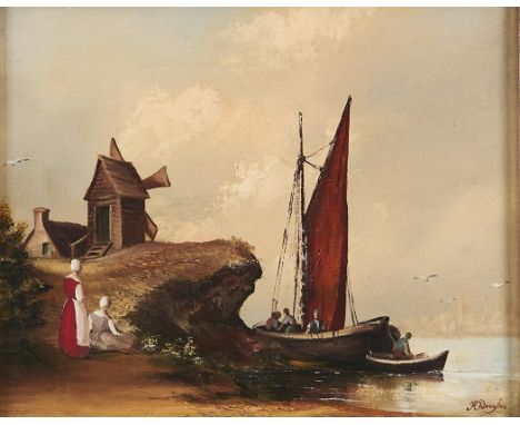 British School, 20th c - Fishing Boats at Sea; Dutch Fisherfolk on the Coast, a pair, both signed "K Douglas ", oil on canvas