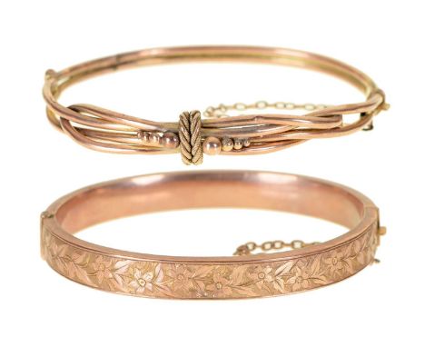 A Victorian 9ct gold bangle, 58mm (internal), Birmingham 1899 and another of entwined form, marked 9c, 17.1g (2)  1899 bangle