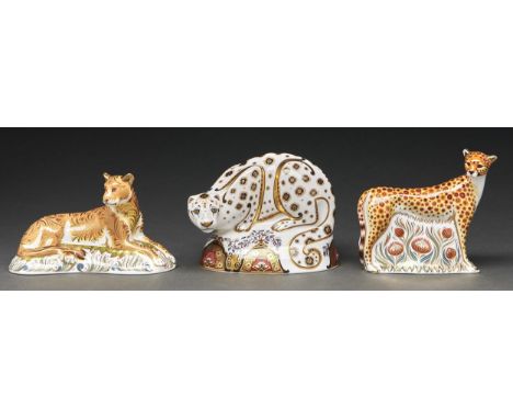 Snow Leopard, Cheetah and Lioness. Three Royal Crown Derby paperweights, early 21st c, 12.5cm h and smaller, printed mark, gi