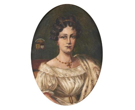 French School - Portrait Louise de la Forest d'Armaille, bust length in white dress and gold jewellery, charged with a marita