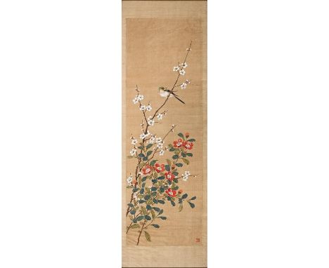 Chinese School, 20th century - Birds on Branches,&nbsp; scroll paintings, a pair, 107 x 34.5cm (2)  Lightly creased and light