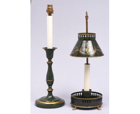 An Empire style green and gilt decorated metal student's lamp and a similar candlestick lamp, both 20th / 21st c  Good condit
