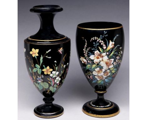 Two Staffordshire enamelled black glazed earthenware&nbsp; vases, c1880,&nbsp; ovoid or shield shape and decorated with flowe